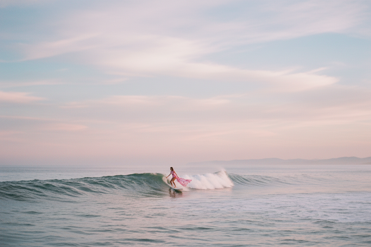 etherial photo taken from far away of woman surfing on a wave with a floral pink one piece on and pinkish blue skies behind her