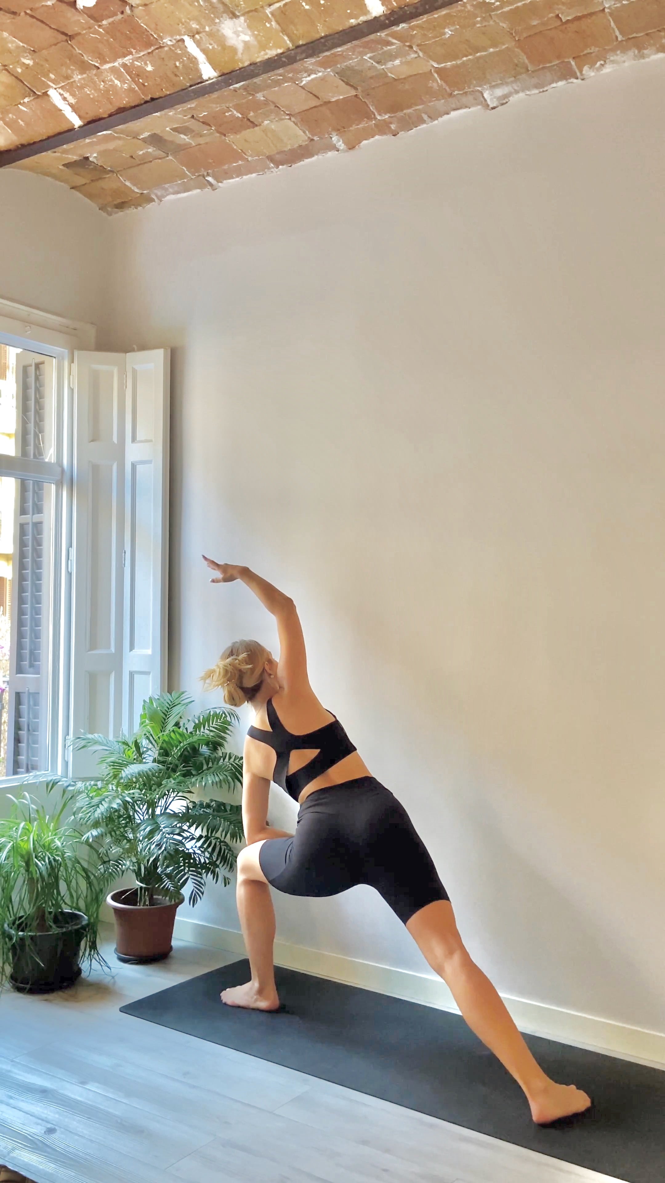 Person practicing yoga in a room with plants and a window.