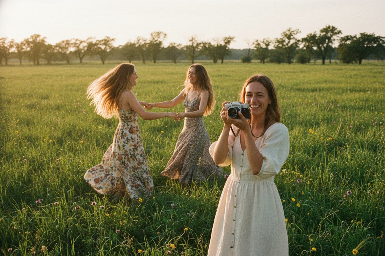 Woman taking a photo of two other women in a field